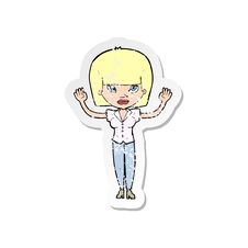 Retro Distressed Sticker Of A Cartoon Woman With Raised Hands Stock Image