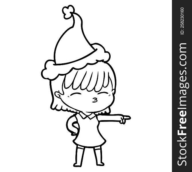 Line Drawing Of A Woman Wearing Santa Hat