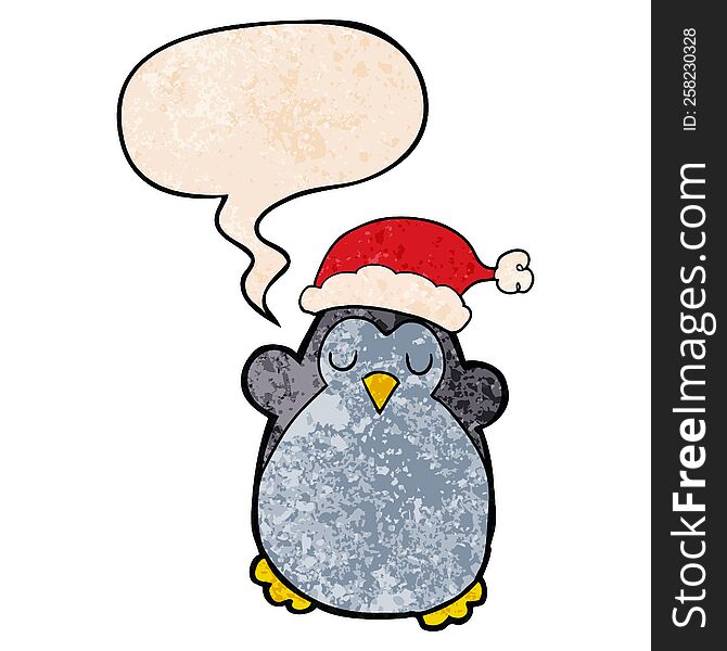 Cute Christmas Penguin And Speech Bubble In Retro Texture Style