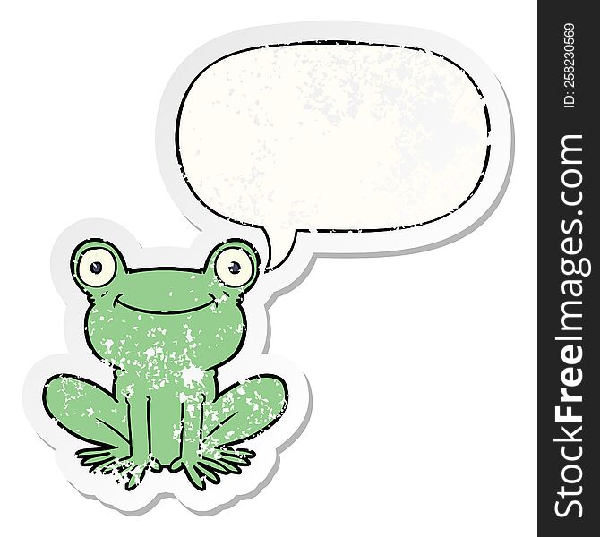 cartoon frog with speech bubble distressed distressed old sticker. cartoon frog with speech bubble distressed distressed old sticker