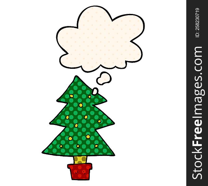 cartoon christmas tree with thought bubble in comic book style