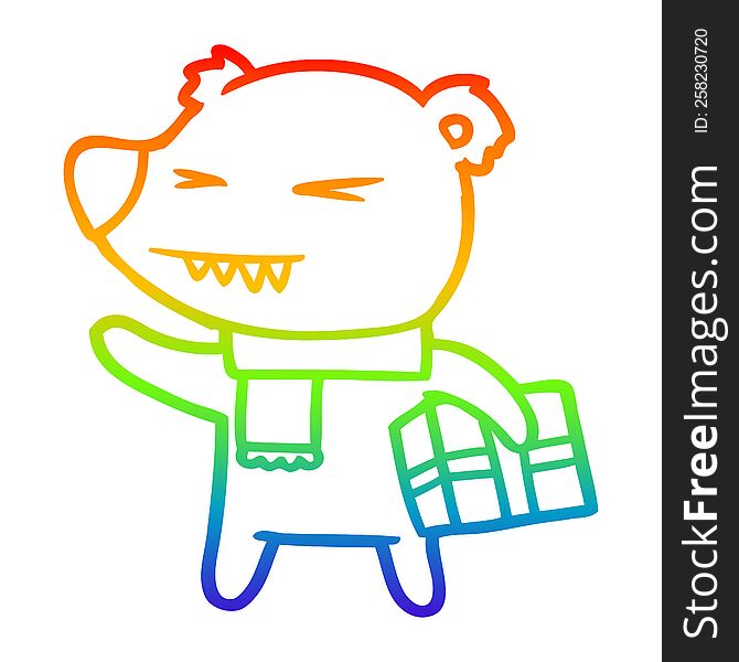 Rainbow Gradient Line Drawing Cartoon Angry Polar Bear With Xmas Present