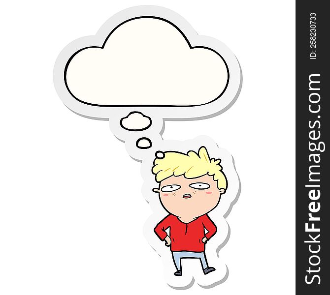 cartoon impatient man with thought bubble as a printed sticker