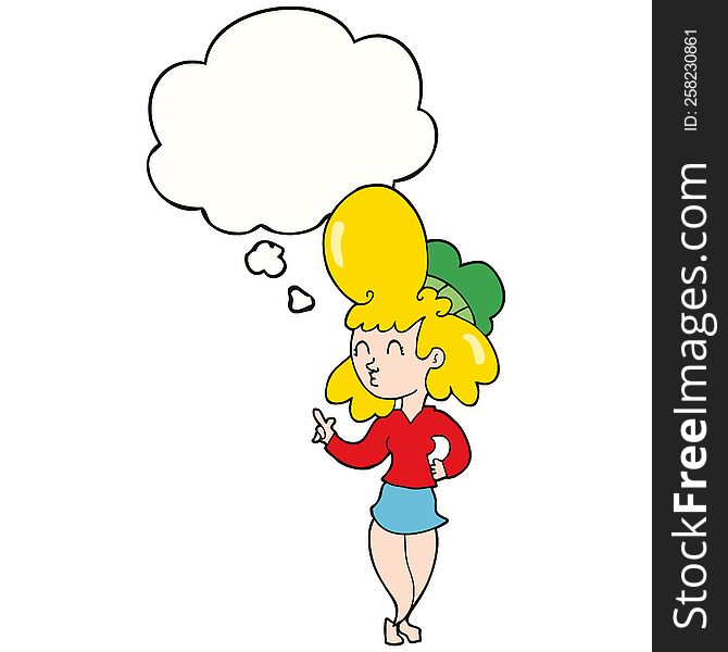 cartoon woman with big hair with thought bubble