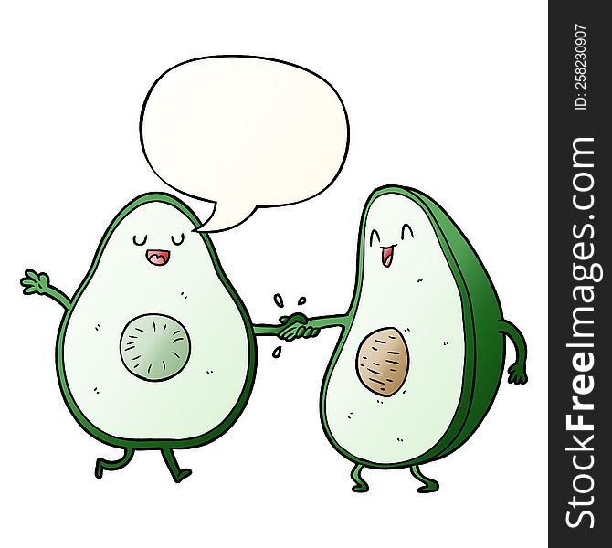cartoon dancing avocados and speech bubble in smooth gradient style