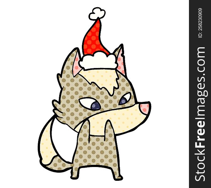 Shy Comic Book Style Illustration Of A Wolf Wearing Santa Hat