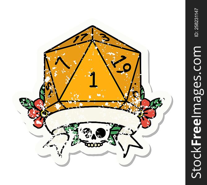 Natural One D20 Dice Roll Grunge Sticker