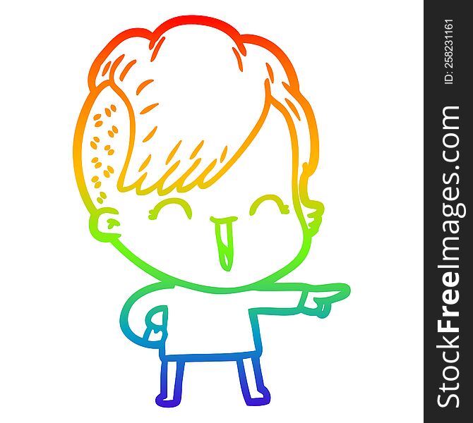 Rainbow Gradient Line Drawing Cartoon Happy Hipster Girl