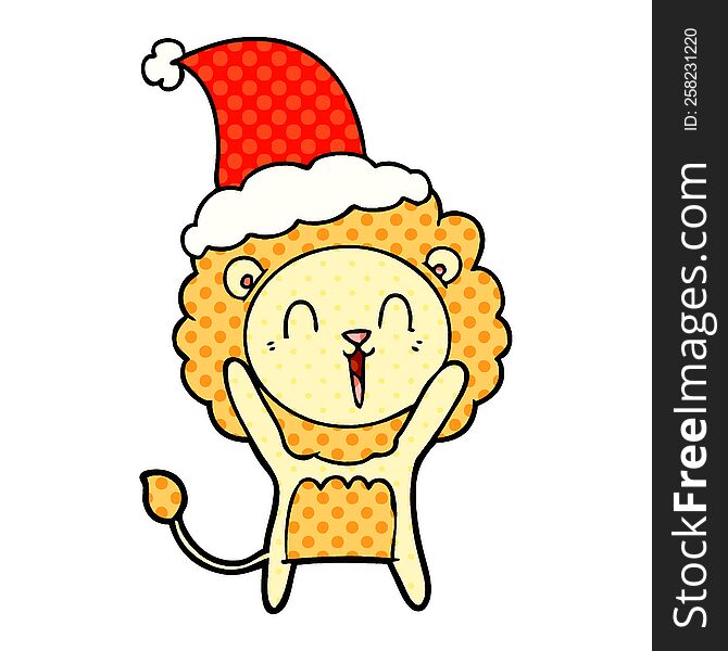 laughing lion hand drawn comic book style illustration of a wearing santa hat