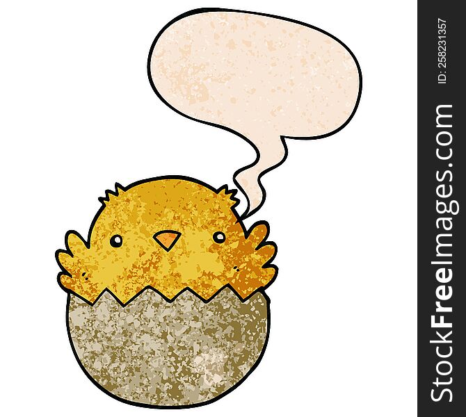 cartoon chick hatching from egg with speech bubble in retro texture style