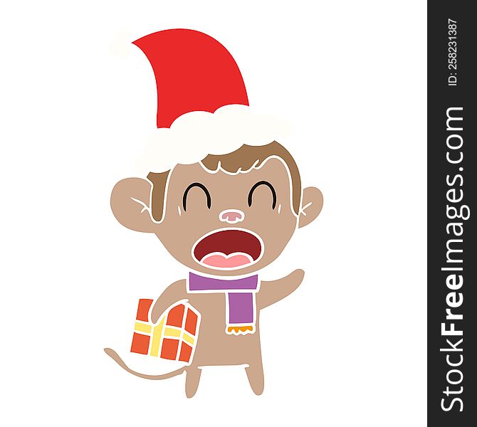 shouting flat color illustration of a monkey carrying christmas gift wearing santa hat