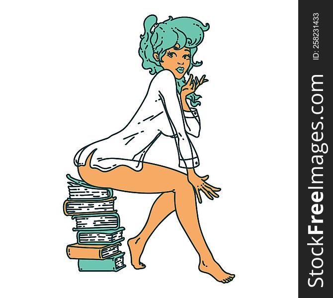 iconic tattoo style image of a pinup girl sitting on books. iconic tattoo style image of a pinup girl sitting on books