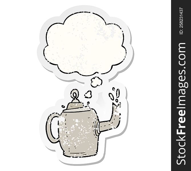 cartoon old kettle with thought bubble as a distressed worn sticker