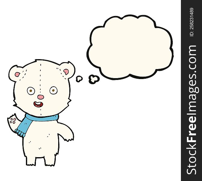 cartoon waving polar bear cub with scarf with thought bubble