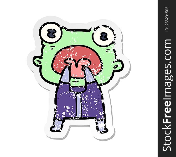 distressed sticker of a cartoon weird alien communicating