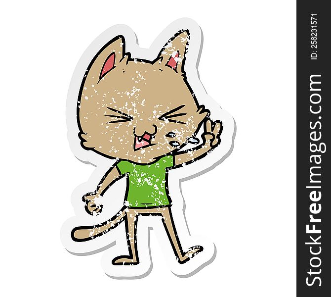 distressed sticker of a cartoon cat hissing