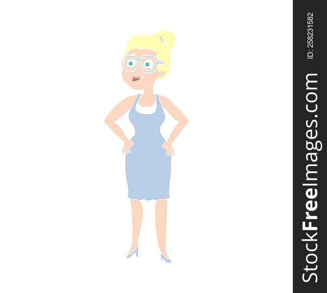 Flat Color Illustration Of A Cartoon Woman Wearing Glasses