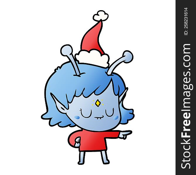 hand drawn gradient cartoon of a alien girl wearing santa hat