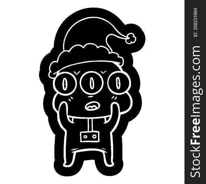 quirky cartoon icon of a three eyed alien wearing santa hat