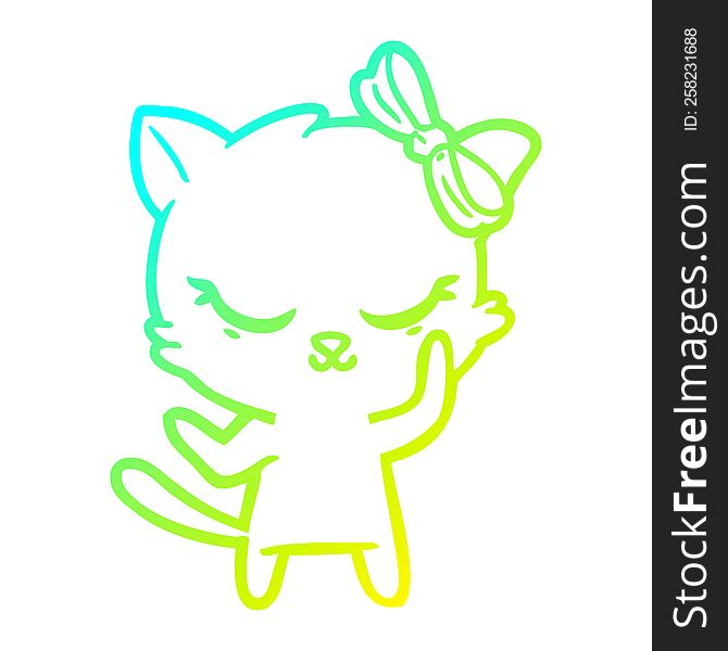 cold gradient line drawing cute cartoon cat with bow