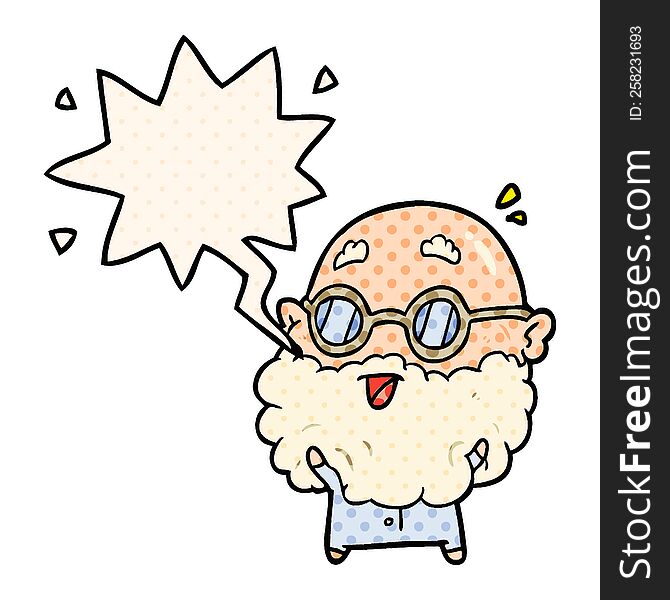 cute cartoon surprised old man with speech bubble in comic book style