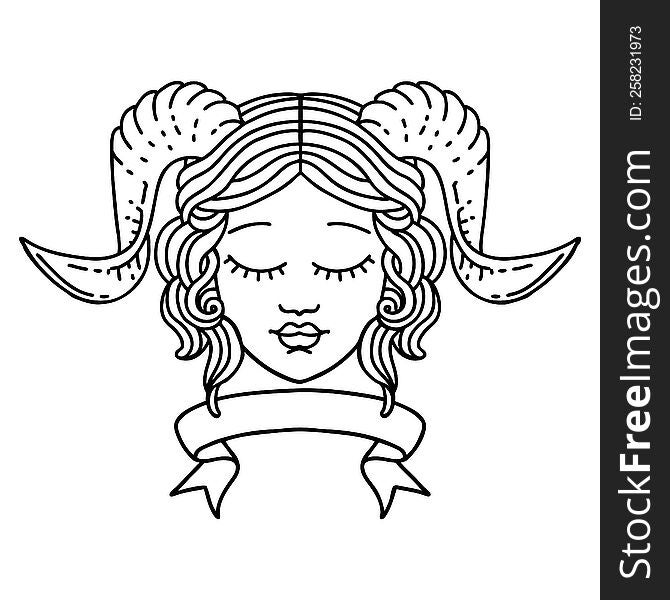 Black and White Tattoo linework Style tiefling character face with scroll banner. Black and White Tattoo linework Style tiefling character face with scroll banner