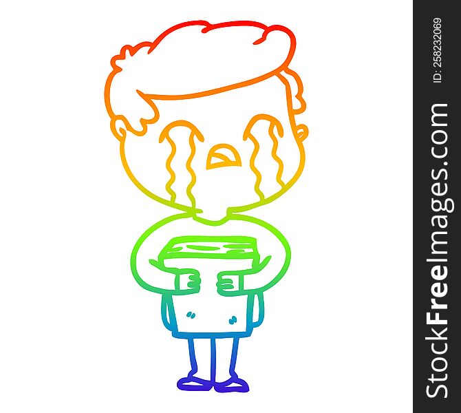 rainbow gradient line drawing cartoon man crying holding book