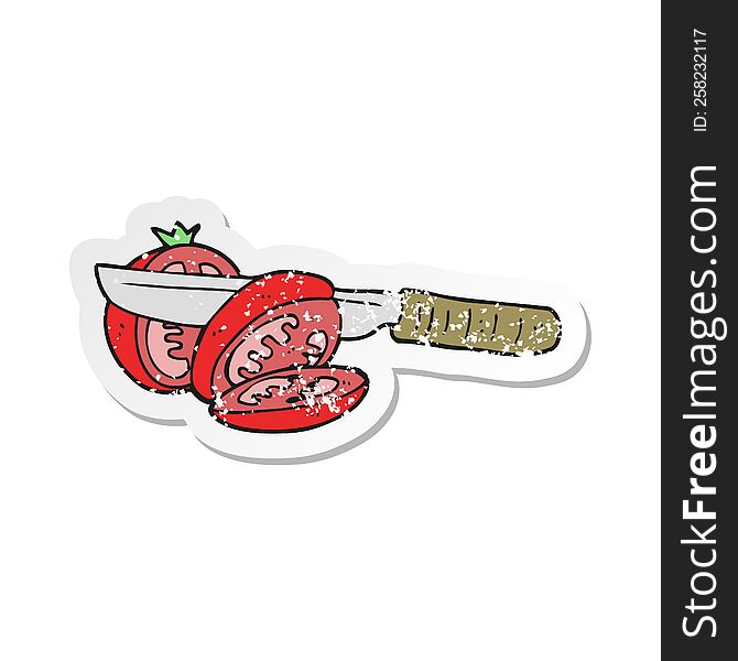 Retro Distressed Sticker Of A Cartoon Knife Slicing A Tomato