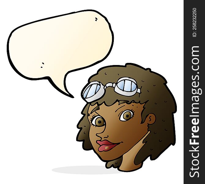 cartoon happy woman wearing aviator goggles with speech bubble