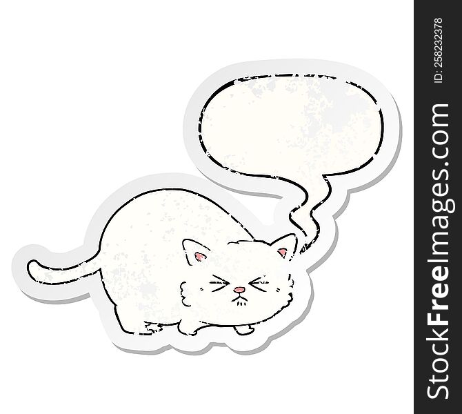 cartoon angry cat with speech bubble distressed distressed old sticker. cartoon angry cat with speech bubble distressed distressed old sticker