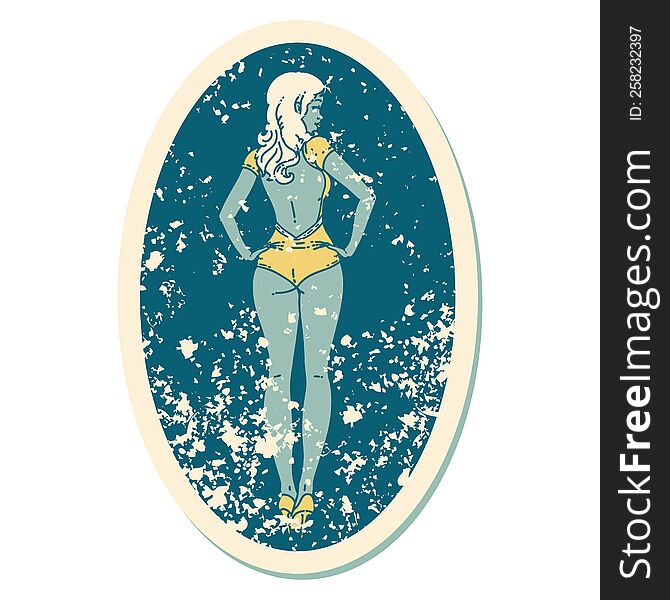 distressed sticker tattoo style icon of a pinup swimsuit girl