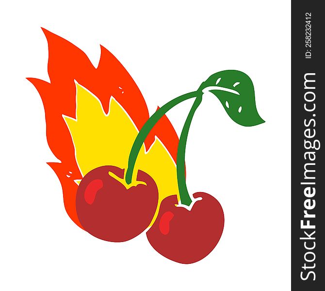 flat color illustration of a cartoon flaming cherries