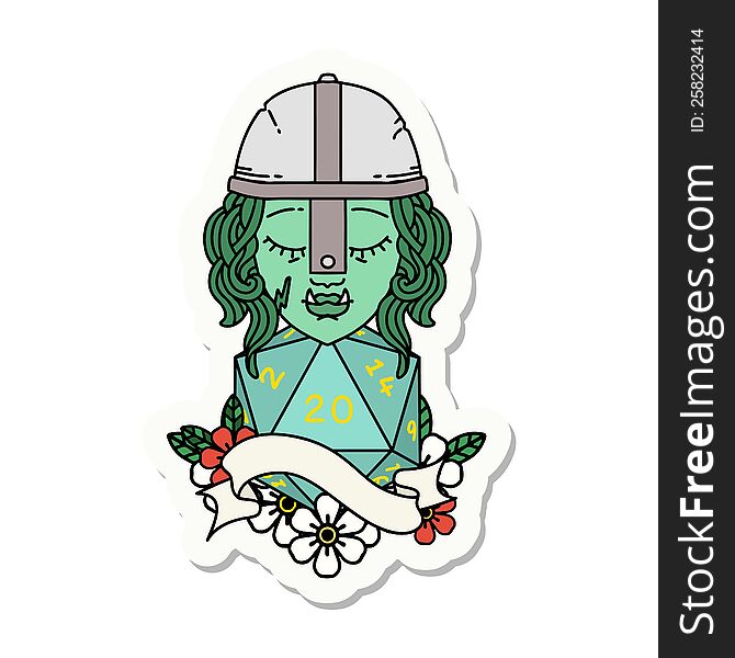 sticker of a half orc fighter character with natural 20 dice roll. sticker of a half orc fighter character with natural 20 dice roll