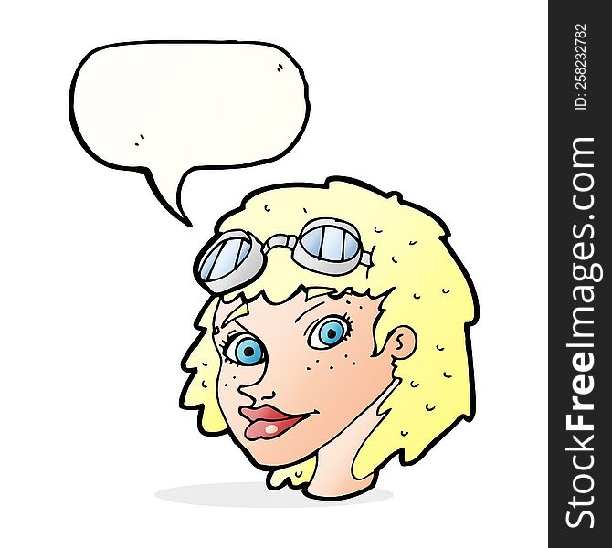 Cartoon Happy Woman Wearing Aviator Goggles With Speech Bubble