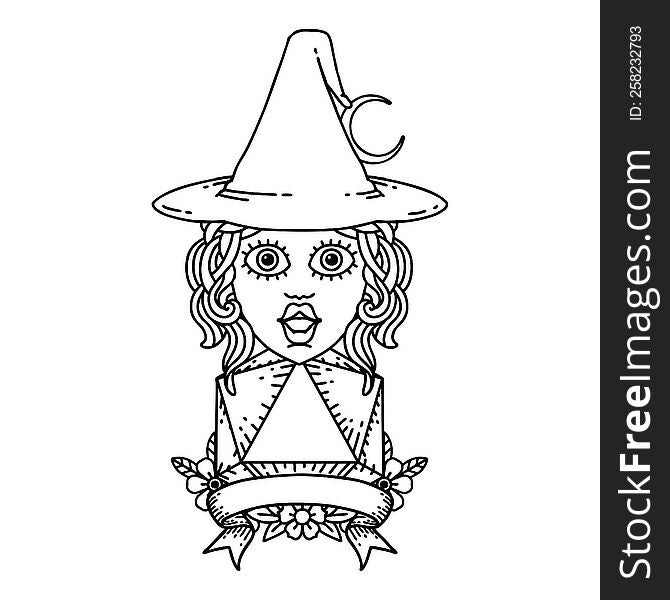 Black and White Tattoo linework Style human witch with natural twenty dice roll. Black and White Tattoo linework Style human witch with natural twenty dice roll