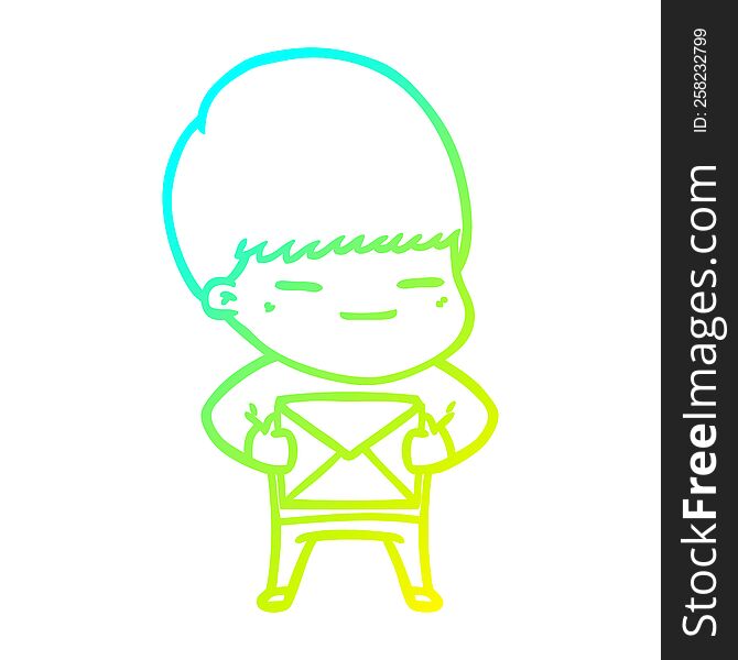 Cold Gradient Line Drawing Cartoon Smug Boy Carrying Present