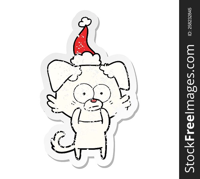nervous dog hand drawn distressed sticker cartoon of a wearing santa hat. nervous dog hand drawn distressed sticker cartoon of a wearing santa hat