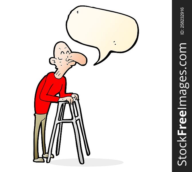 Cartoon Old Man With Walking Frame With Speech Bubble