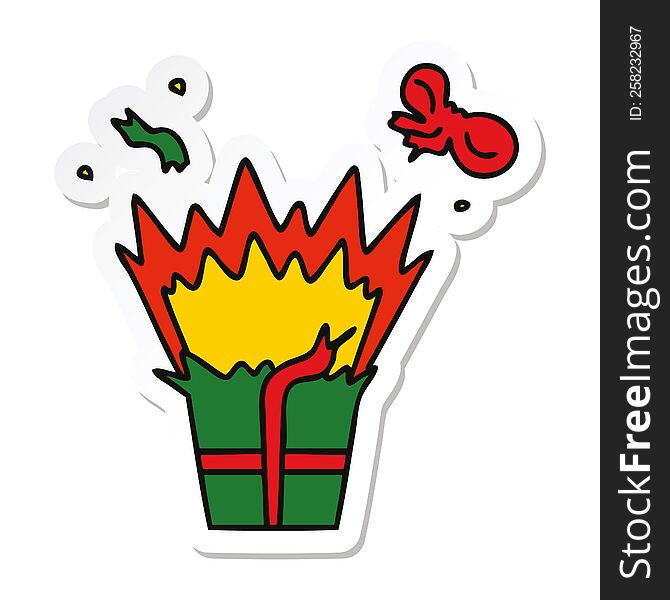 sticker of a quirky hand drawn cartoon of an explosive present