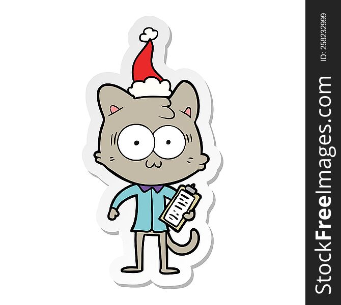 Sticker Cartoon Of A Surprised Office Worker Cat Wearing Santa Hat