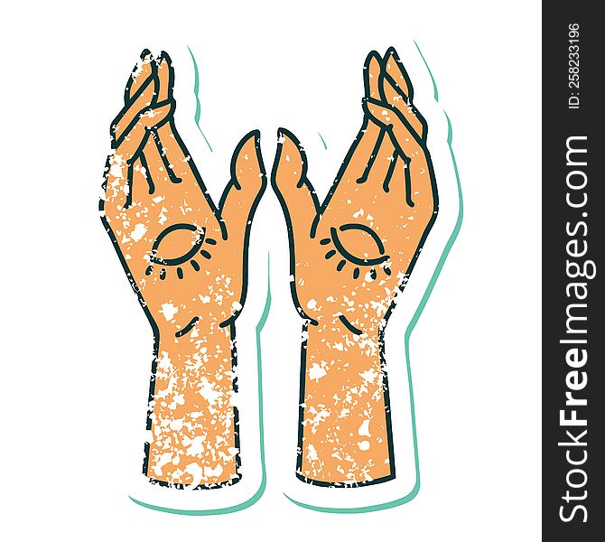 distressed sticker tattoo style icon of mystic hands