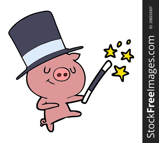 happy cartoon pig magician. happy cartoon pig magician
