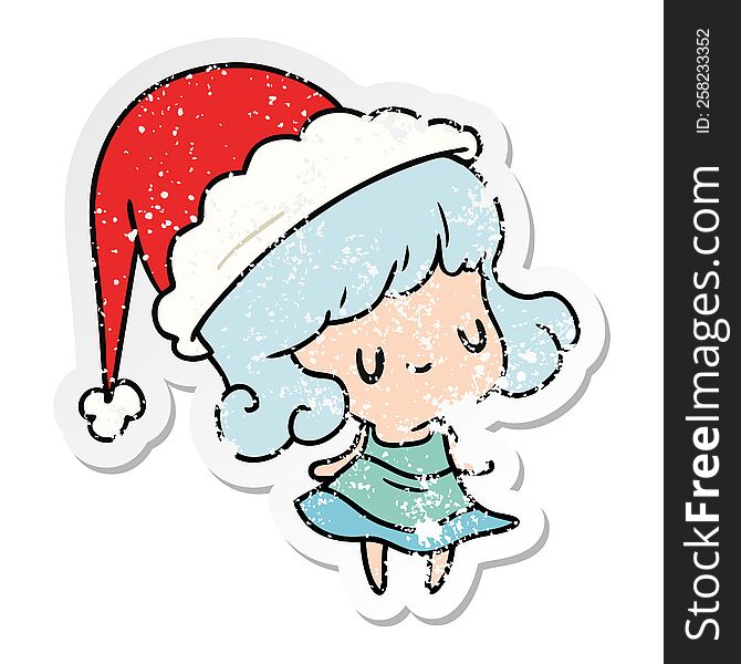 hand drawn christmas distressed sticker cartoon of kawaii girl