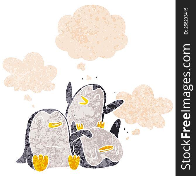 cartoon penguins with thought bubble in grunge distressed retro textured style. cartoon penguins with thought bubble in grunge distressed retro textured style