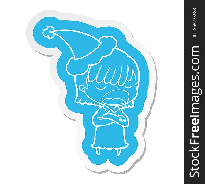 Cartoon  Sticker Of A Woman Talking Loudly Wearing Santa Hat