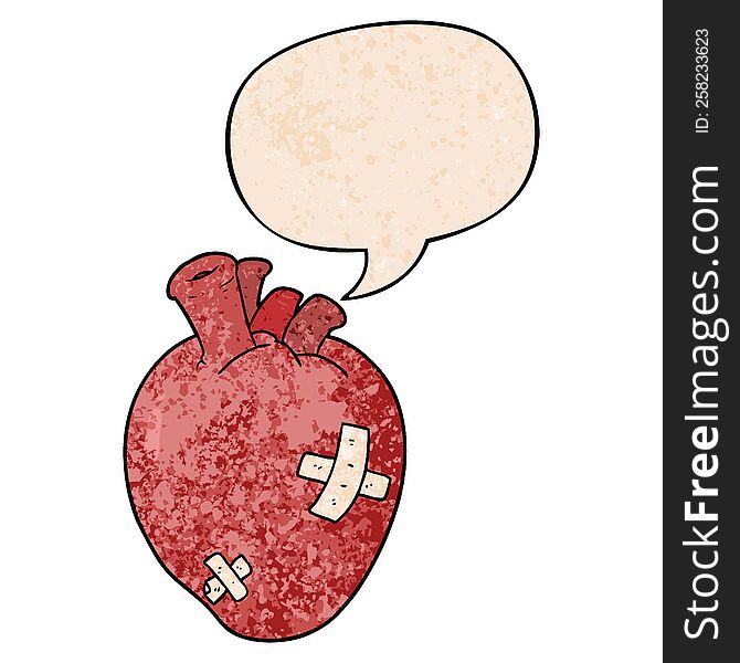 cartoon heart with speech bubble in retro texture style