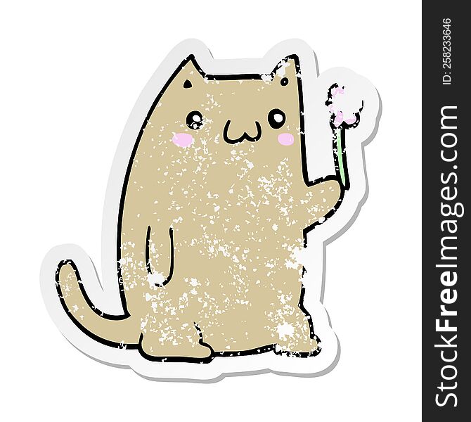 Distressed Sticker Of A Cute Cartoon Cat With Flower