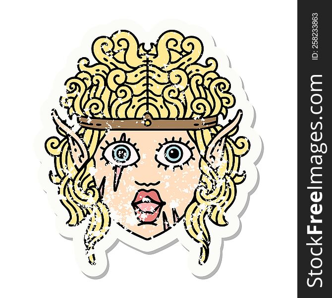 grunge sticker of a elf barbarian character face. grunge sticker of a elf barbarian character face