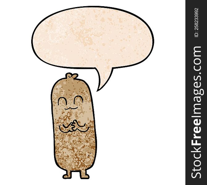 cartoon sausage with speech bubble in retro texture style