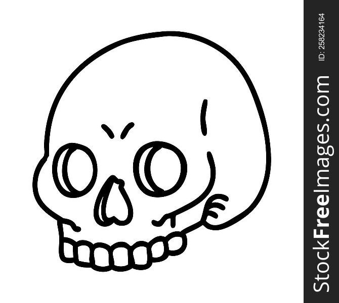 tattoo in black line style of a skull. tattoo in black line style of a skull